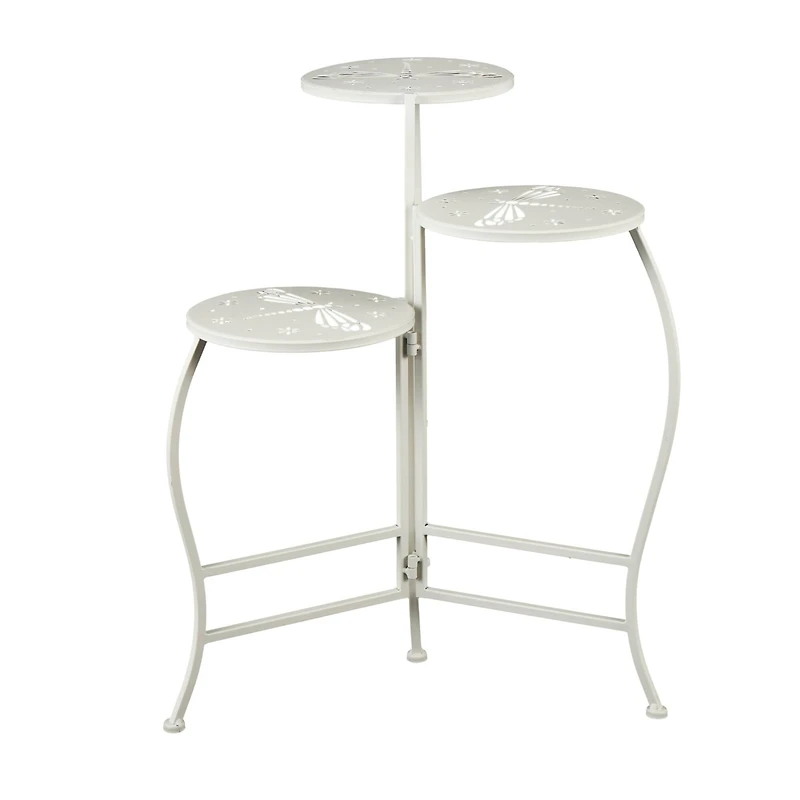24" White Metal Folding 3-Tier Plant Stand with Dragonfly & Star Cutouts