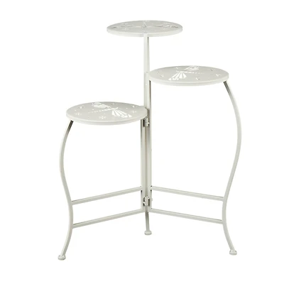 24" White Metal Folding 3-Tier Plant Stand with Dragonfly & Star Cutouts