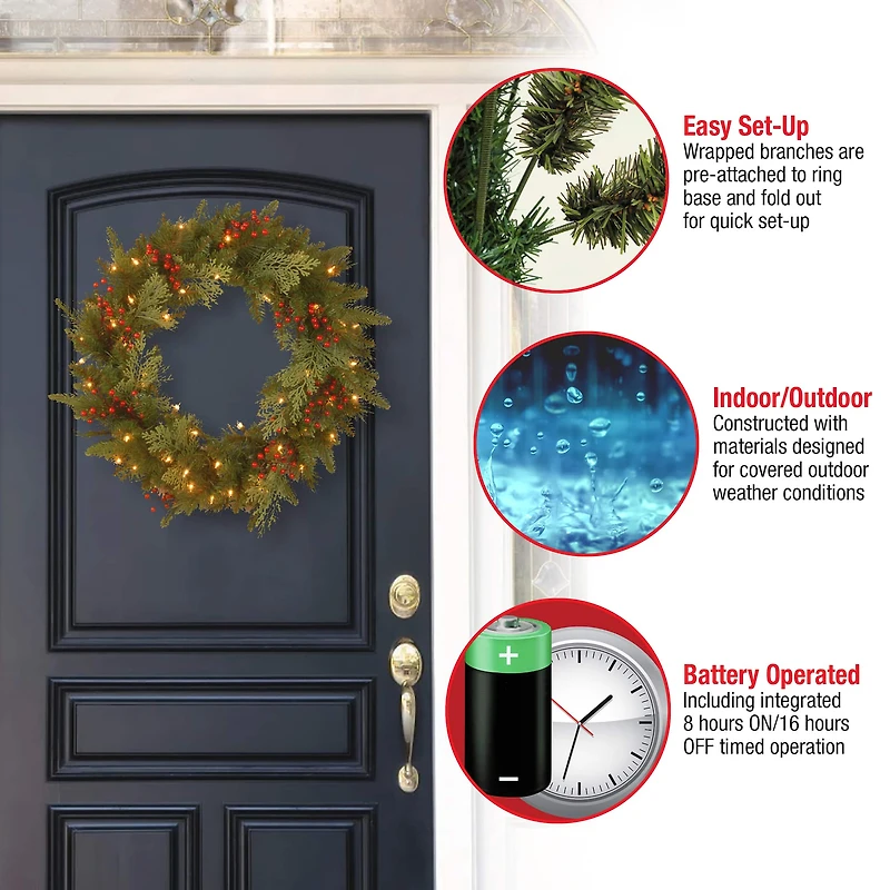 24" Feel Real® Classical Collection Wreath with Red Berries, Cedar Leaves & Warm White LED Lights