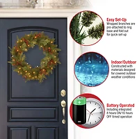 24" Feel Real® Classical Collection Wreath with Red Berries, Cedar Leaves & Warm White LED Lights