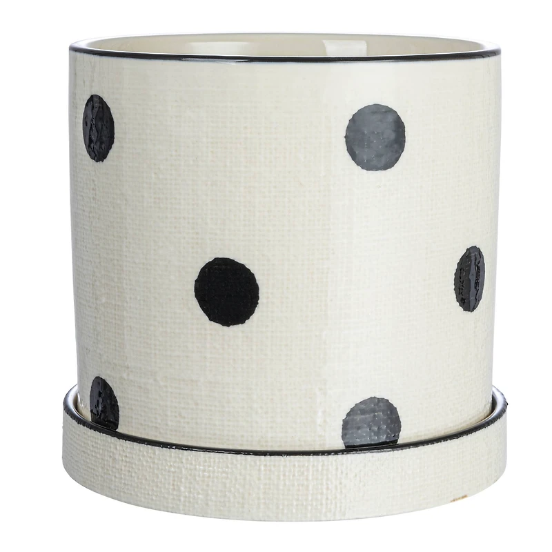 Hello Honey® 7" Black and Ivory Textured Stoneware Planter with Polka Dots and Saucer