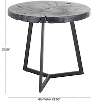 21.5" Black Teak Wood Handmade Live Edge Accent Table with Black Metal Base