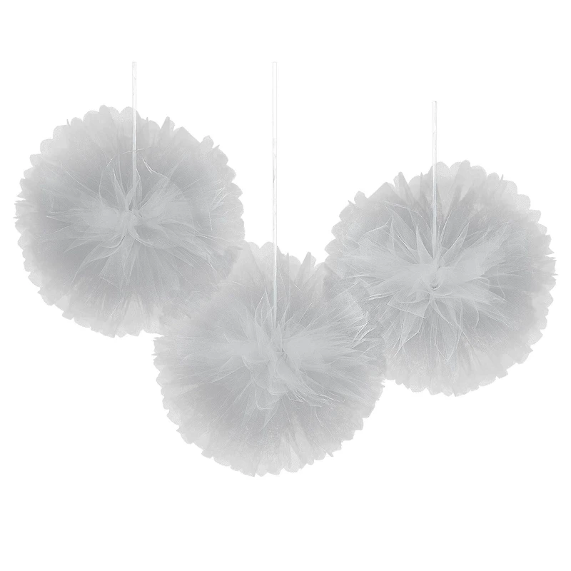 12" Silver Fluffy Tulle Hanging Decorations, 3ct.