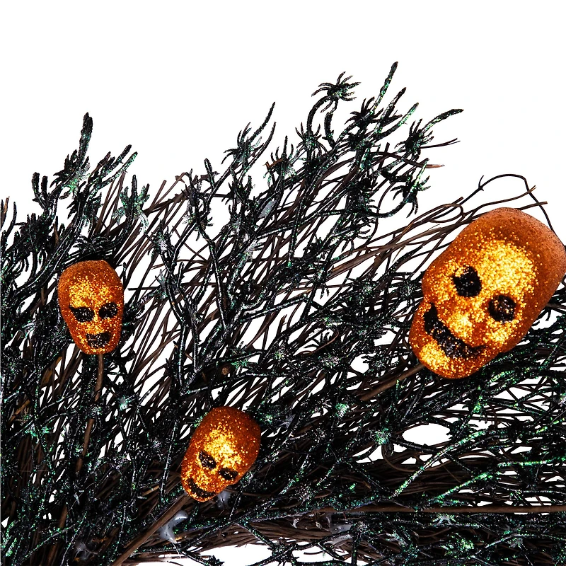 22" Black & Orange Skulls and Spiders Halloween Twig Wreath