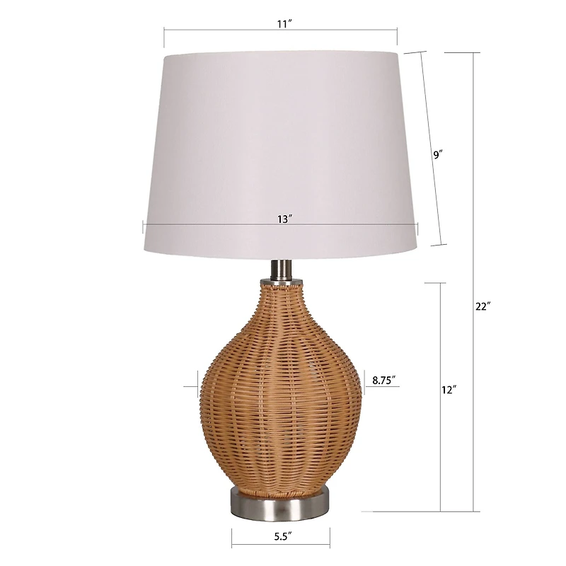 22" Tan Faux Rattan Table Lamp with White Fabric Shade by Ashland®