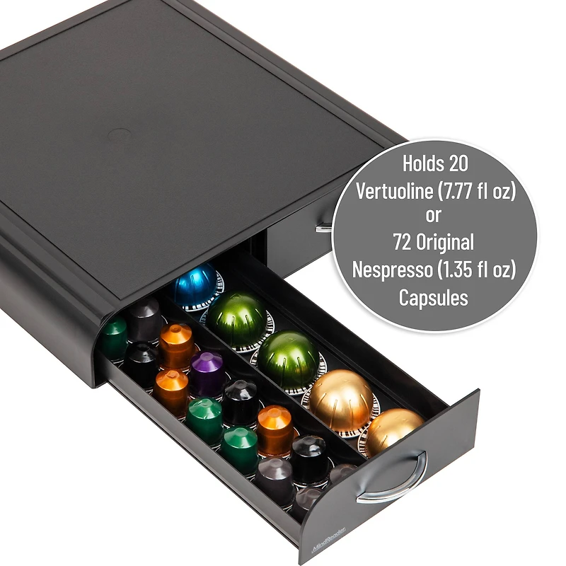 Mind Reader Single Serve Coffee Pod Organizer with 2 Drawers, Compatible with 20 Vertuoline (7.77 fl oz) or 72 Original Nespresso (1.35 fl oz) capsules, Black