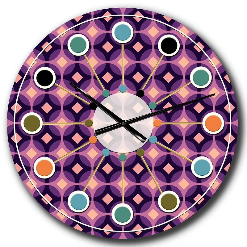Designart 'Retro Circular Purple And Yellow Pattern Mid-Century Modern Wall Clock