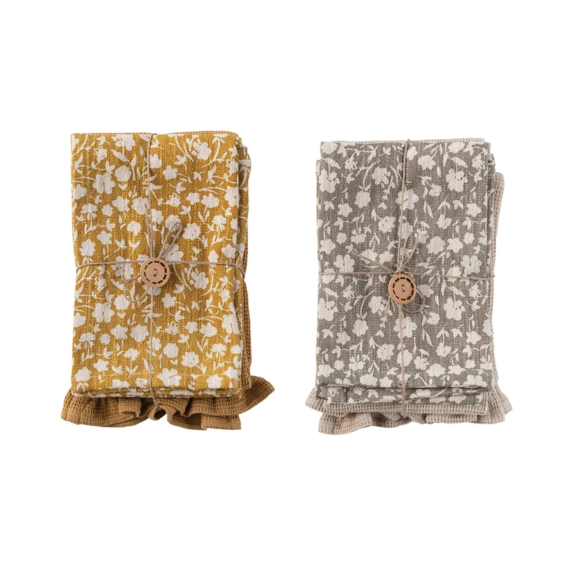 Hello Honey® Yellow & Gray Flower Print & Jute Rope Cotton Decorative Tea Towels Set