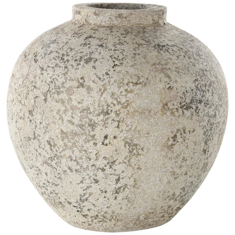 12" Cream Ceramic Antique Style Round Vase with Textured Distressing