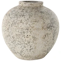 12" Cream Ceramic Antique Style Round Vase with Textured Distressing