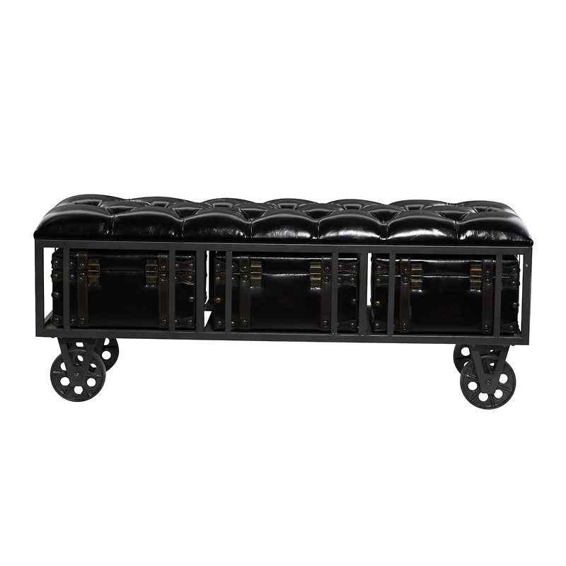 Industrial Rectangular Black Faux Leather and Wood Storage Bench, 19" x 47" x 16"
