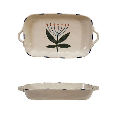 Hello Honey 1-Quart Hand-Painted Stoneware Organic Shaped Baker with Handles and Flower, Multicolor