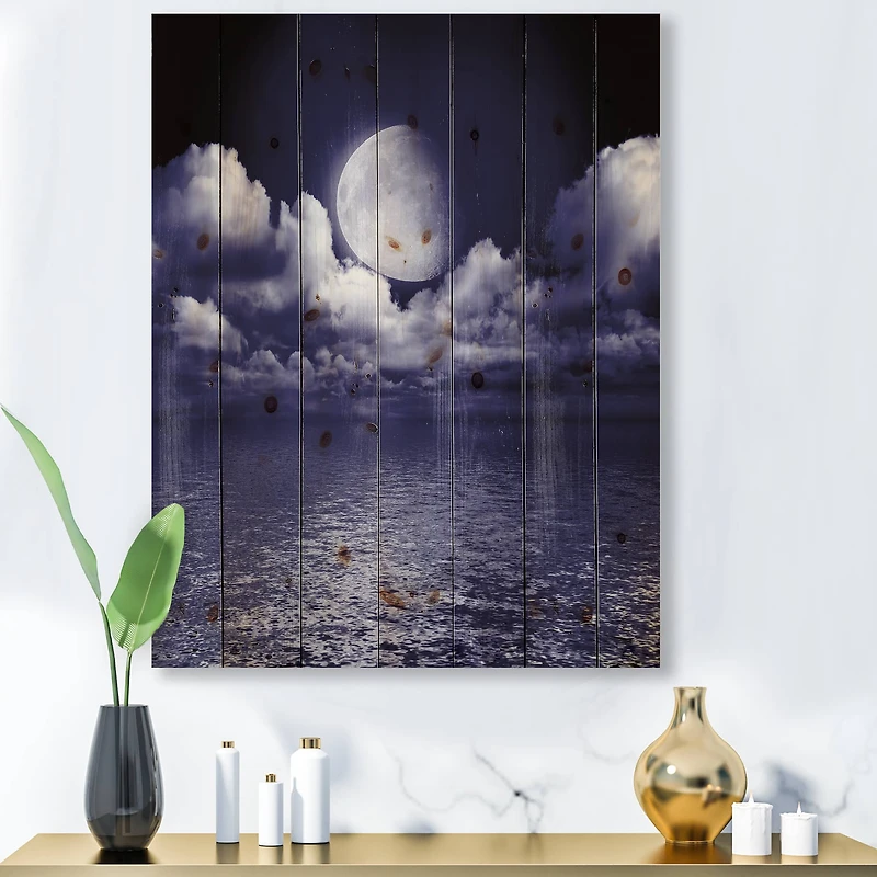 Designart - Full Moon In Cloudy Night Sky V - Nautical & Coastal Print on Natural Pine Wood