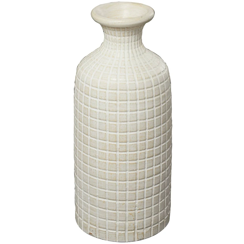 Cream Ceramic Textured Geometric Vase with Checkered Pattern