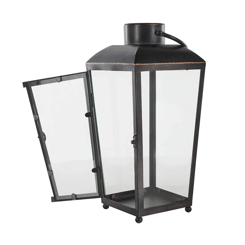 16" Black Metal Modern Candle Lantern with Gold Accents