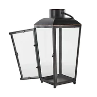 16" Black Metal Modern Candle Lantern with Gold Accents
