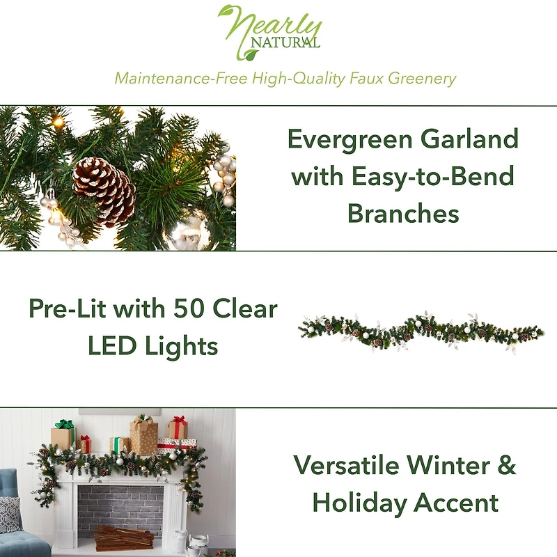 9ft. Pre-Lit Clear LED Ornament & Pinecone Artificial Christmas Garland