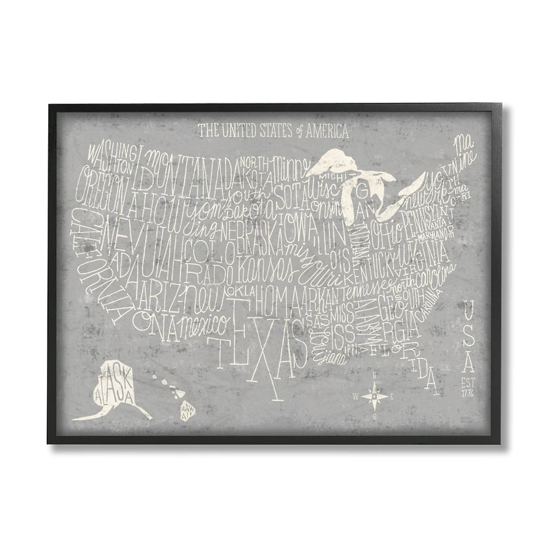 Stupell Industries Grey Distressed US Map Playful Typography Framed Giclee Art