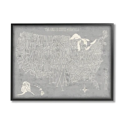 Stupell Industries Grey Distressed US Map Playful Typography Framed Giclee Art
