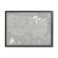Stupell Industries Grey Distressed US Map Playful Typography Framed Giclee Art