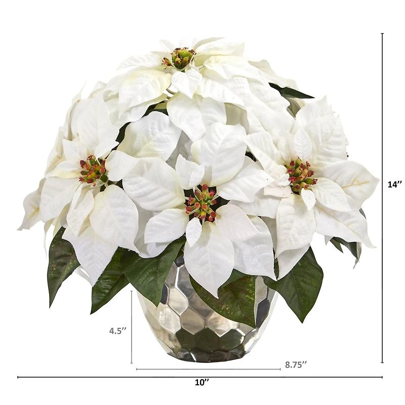 14" White Poinsettia Arrangement in Designer Silver Bowl