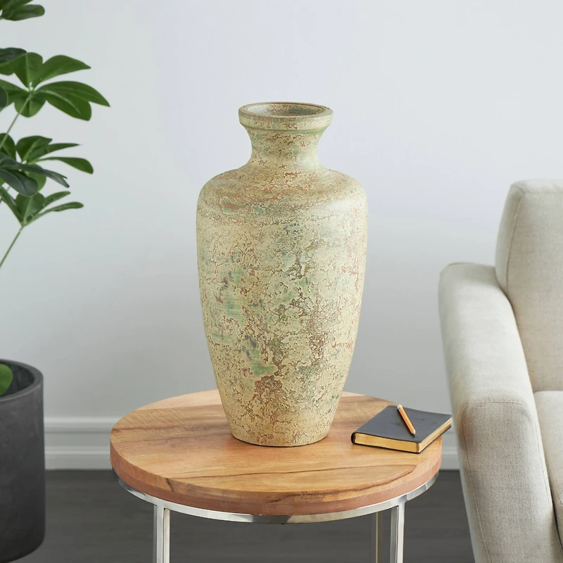Brown Ceramic Vase with Green Accents
