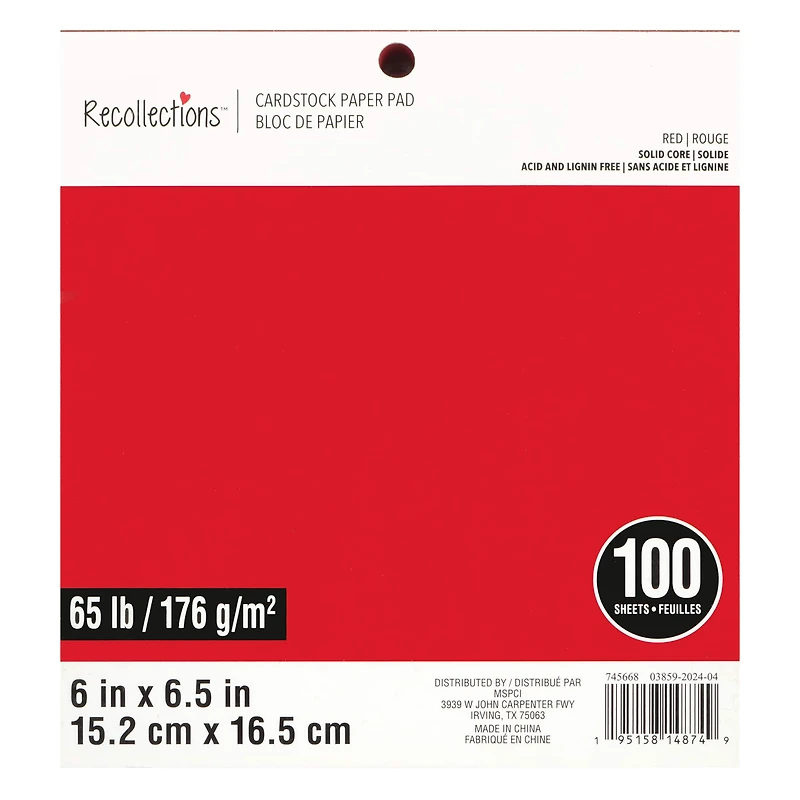6" x 6.5" Red 65lb. Cardstock Paper Pad by Recollections™, 100 Sheets