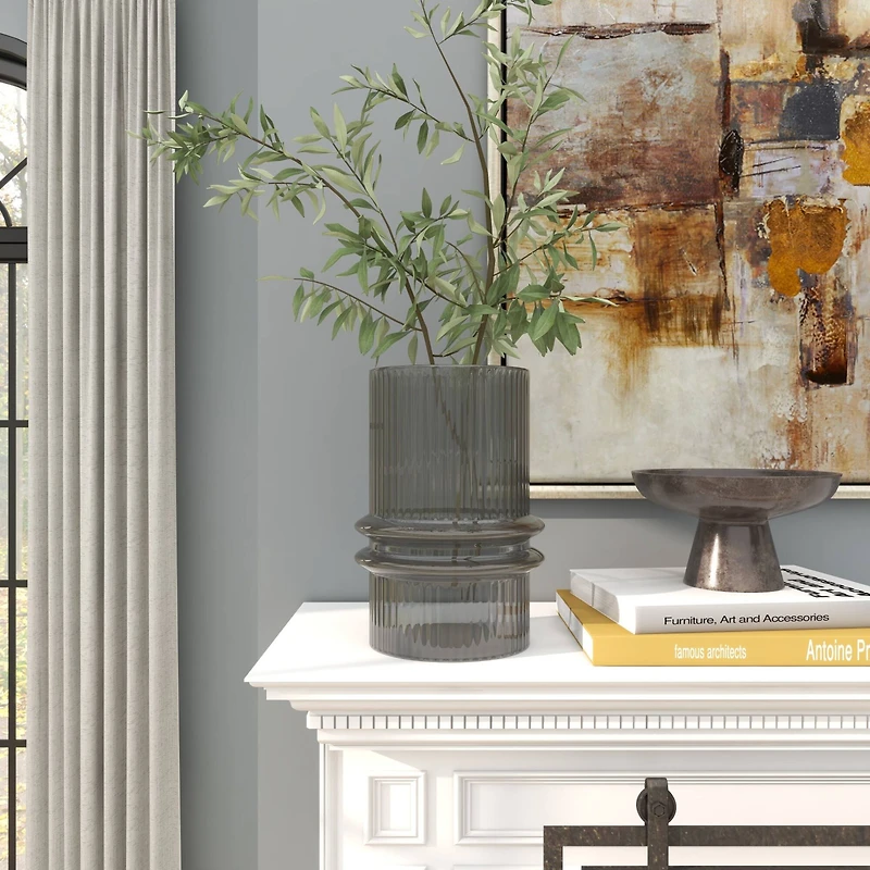 12" Gray Glass Wide Ribbed Vase with Fluted Center