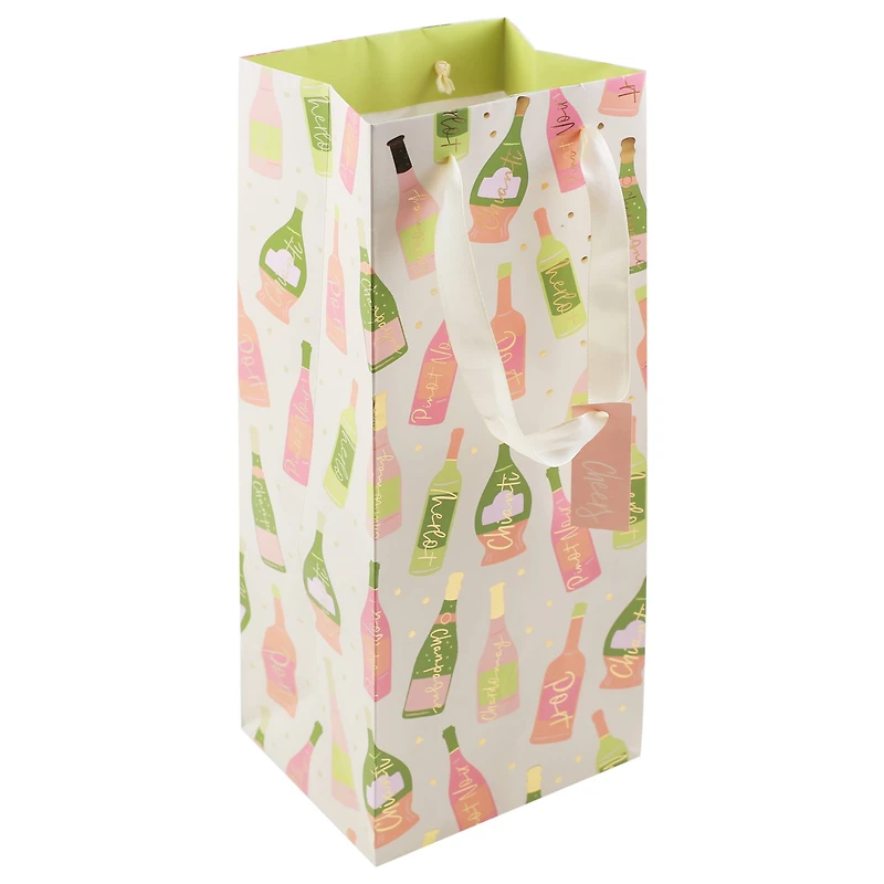13" Pink & Green Wine Bottle Print Wine Bottle Gift Bag by Celebrate It™