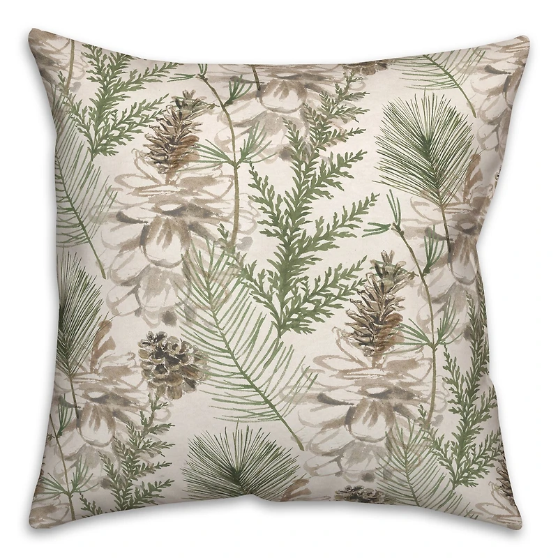 Pinecones & Greenery on White Square Throw Pillow