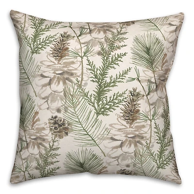 Pinecones & Greenery on White Square Throw Pillow