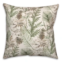 Pinecones & Greenery on White Square Throw Pillow
