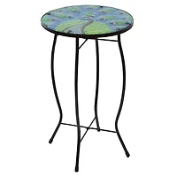 19" Blue & Green Peacock Glass Patio Side Table