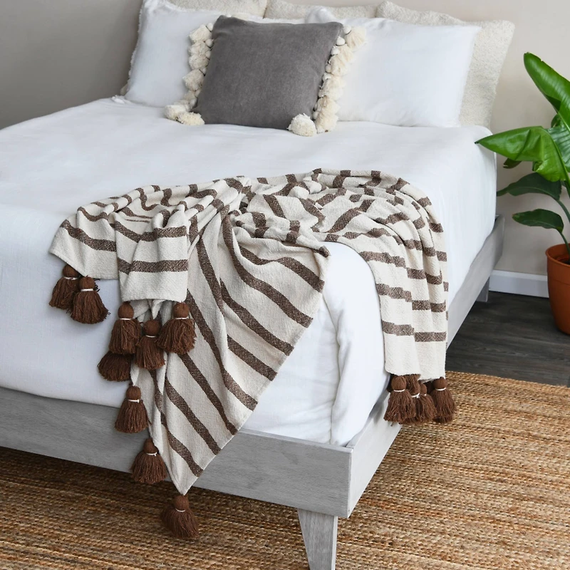 Hello Honey® Brown Wide Striped Cotton Throw Blanket with Tassels