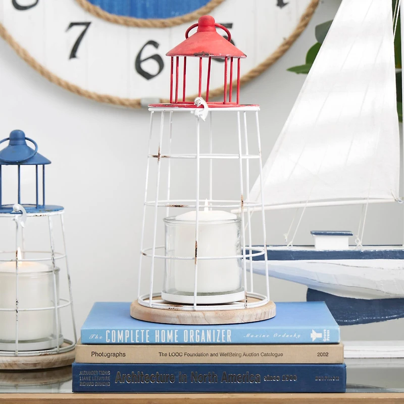 15" Red Metal Distressed Decorative Light House Candle Lantern