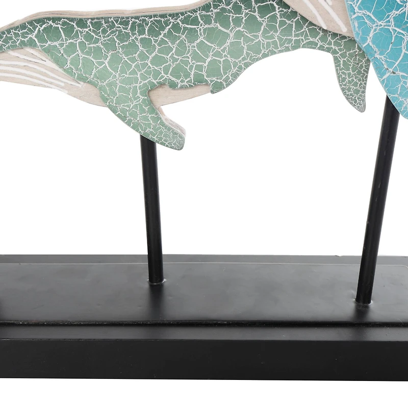 20" Blue Wooden Whale Textured Sculpture with Black Metal Stand