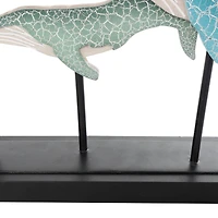 20" Blue Wooden Whale Textured Sculpture with Black Metal Stand