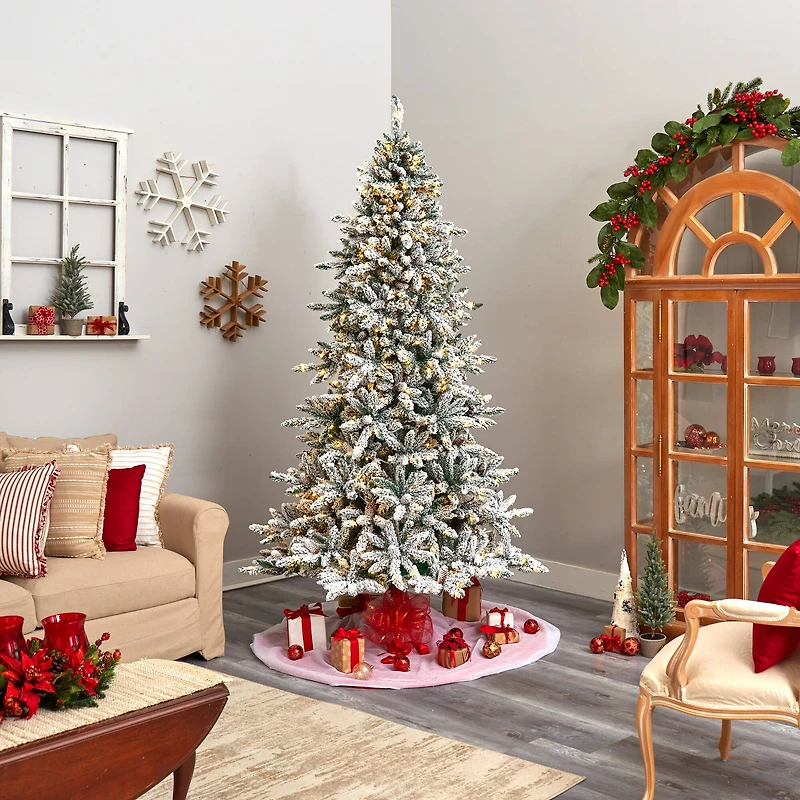 8ft. Pre-Lit Flocked Livingston Fir Artificial Christmas Tree with Pinecones, Clear LED Lights