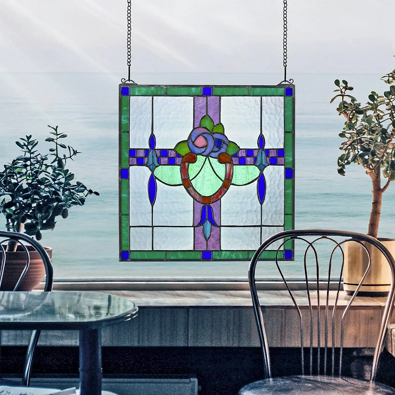 Design Toscano 17" Nightshade Arts & Crafts Tiffany-Style Stained Glass Window Hanging Décor