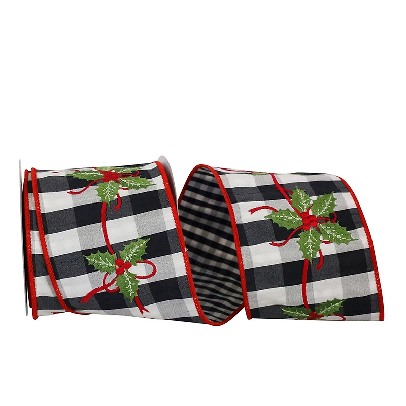 JAM Paper 4" x 5yd. Black & White Holly Embroidery Gingham Check Wired Ribbon