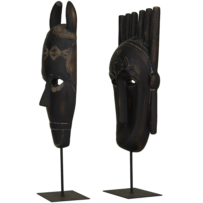 Black Polystone Handmade Carved Mask Sculpture Set