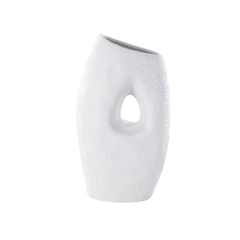 15" White Ceramic Abstract Textured Vase with Cutout Center