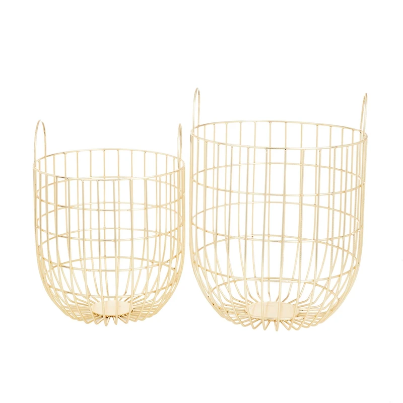 Set of 2 Gold Iron Contemporary Storage Baskets, 17" x 11" x 11"