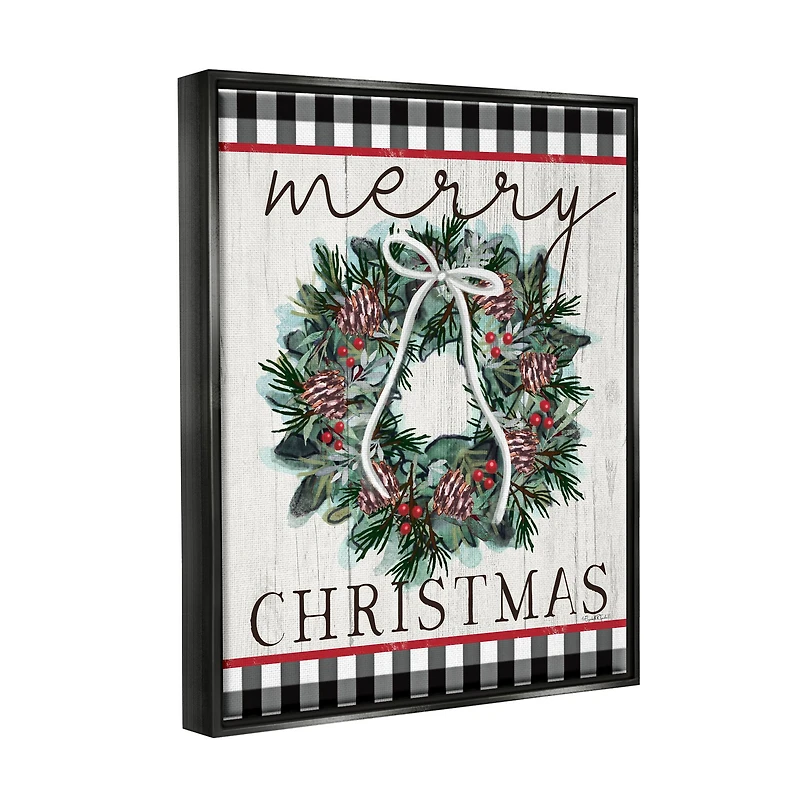 Stupell Industries Merry Christmas Tartan Wreath Framed Floater Canvas Wall Art