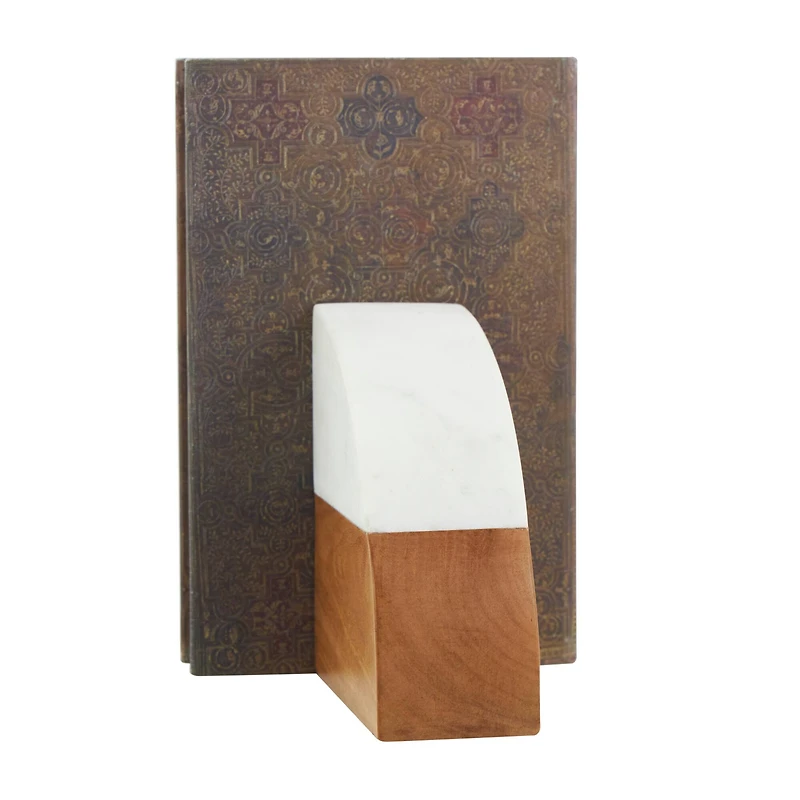 5" Marble & Wood Geometric Arched Bookends Set