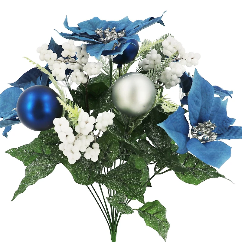 19.75" Deluxe Blue Poinsettia, Berry & Ornament Bush by Ashland®