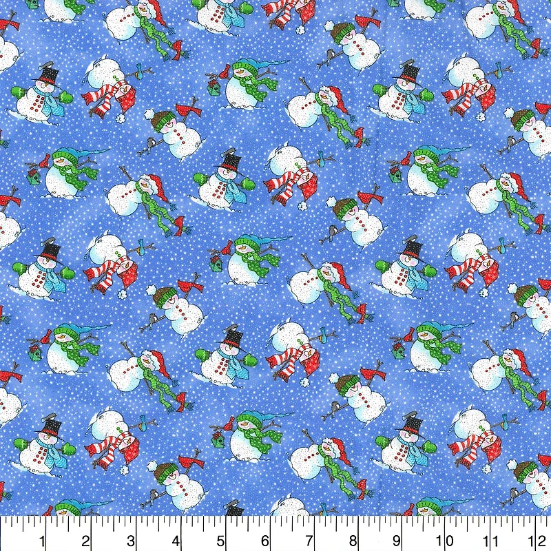 Fabric Traditions Christmas Snowmen Blue Glitter Cotton Fabric