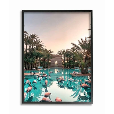 Stupell Industries Tropical Pink Flamingo Pool Relaxed Reflection Palm Trees Black Framed Wall Art