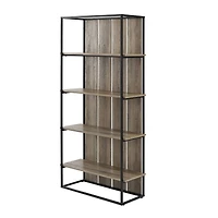 Walker Edison 64" Graywash & Black Metal Farmhouse Plank Back Bookshelf