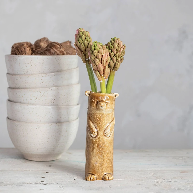 Hello Honey® 7" Brown Reactive Crackle Glaze Stoneware Bear Vase